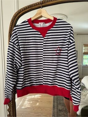 Sundry Navy and White Striped Crewneck Sweater with Red Accents